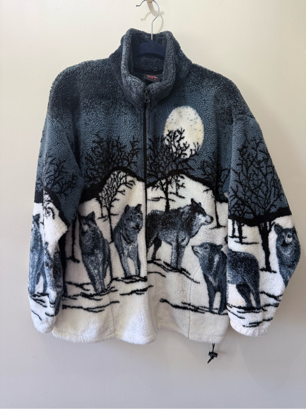 Vintage 90s Wolf Night Moon Tree Outdoor Scene High Pile Fleece Zip Up Sweater M